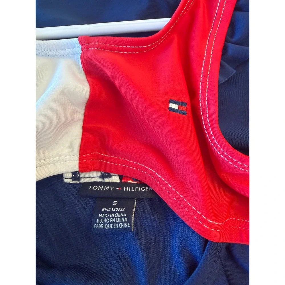 Tommy Hilfiger Girls Size 5 One Piece Swimsuit Ruffle Cutout Blue Red White